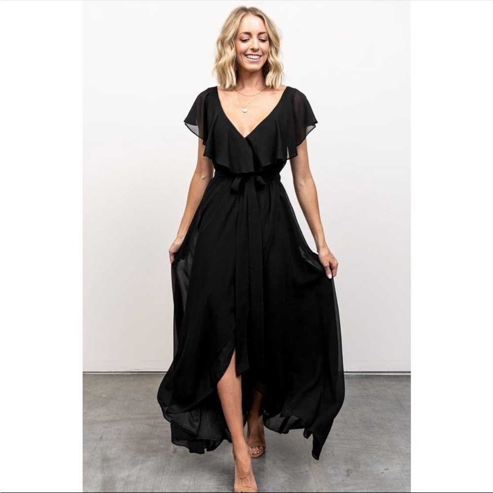 Brand new Baltic Born black maxi dress with ruffle top, tie belt and slit.